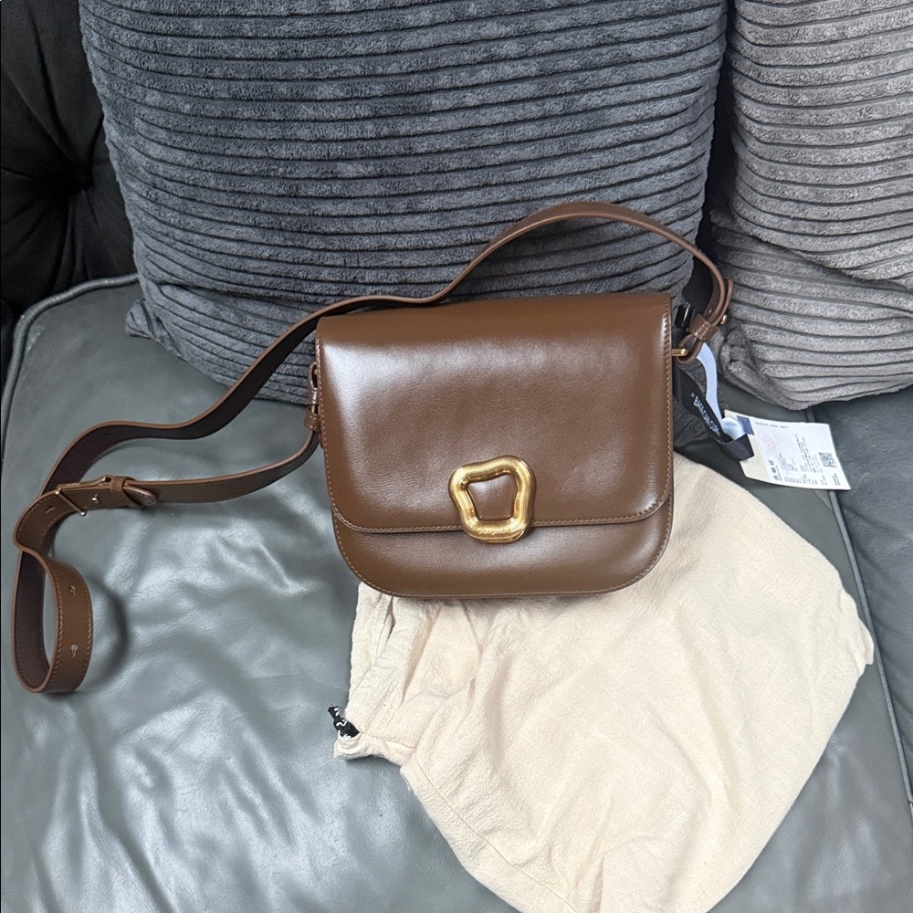 Songmont Brown Leather Crossbody Bag with Gold Accent
